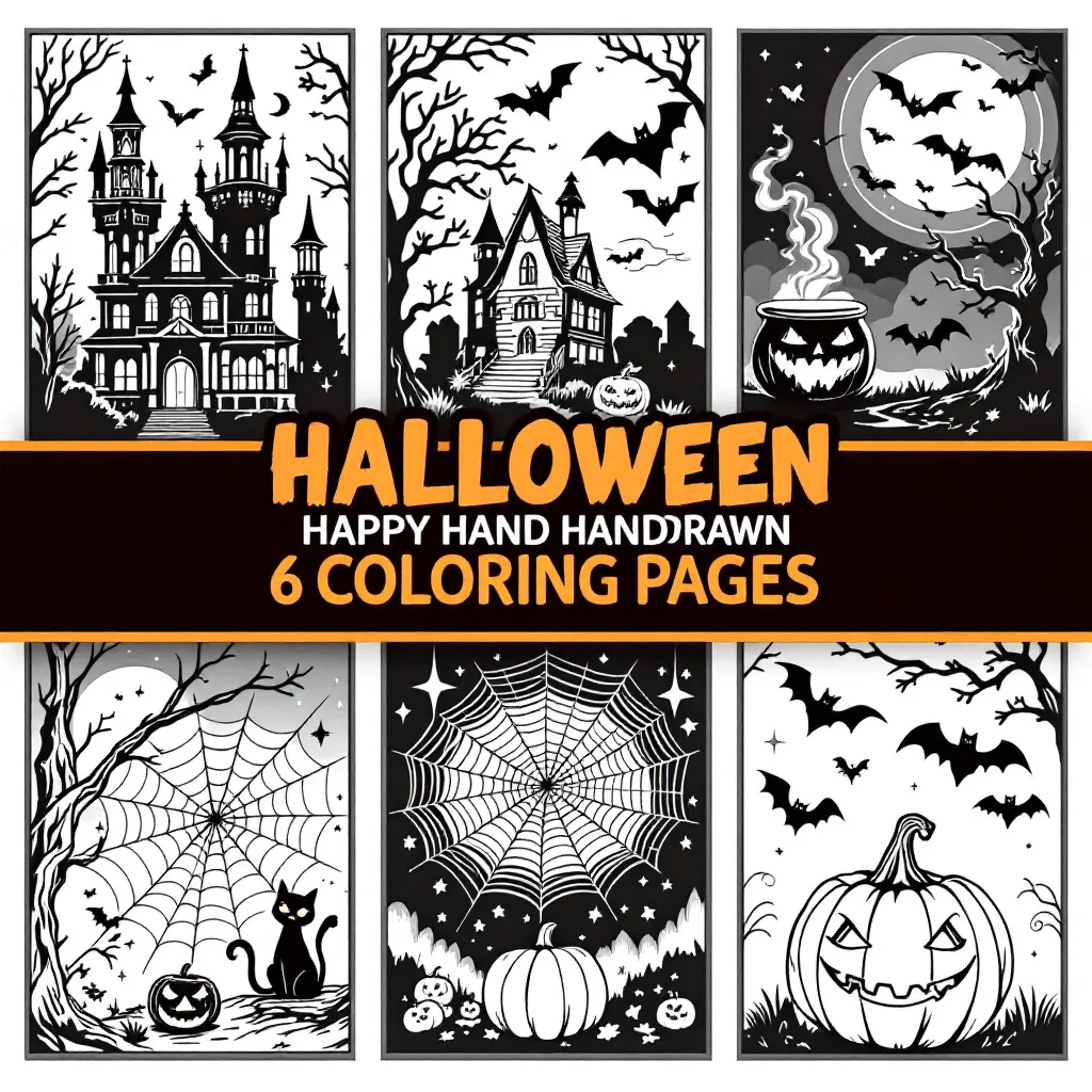 Halloween coloring pages, black and white line art, clean outlines, printable design, kids activity pages, hand-drawn style, easy to color spaces