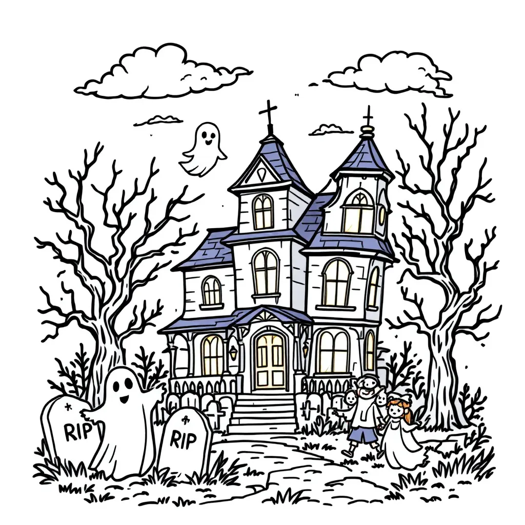 Design a Halloween coloring page with bold clean black outlines on white background featuring classic spooky scenes (haunted house, graveyard, twisted trees) and friendly Halloween characters (smiling ghosts, cute pumpkins, playful witches, trick-or-treating kids), perfect line weight for easy coloring and printing, child-friendly spooky style.