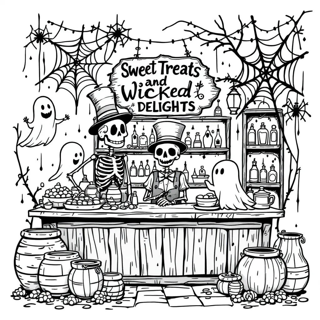 Create a Halloween candy shop coloring page with black outlines on white background, featuring friendly skeleton shopkeeper, floating ghost customers, shelves of potion bottles and trick-or-treat candies, decorative spiderwebs in corners, clean continuous lines perfect for coloring.