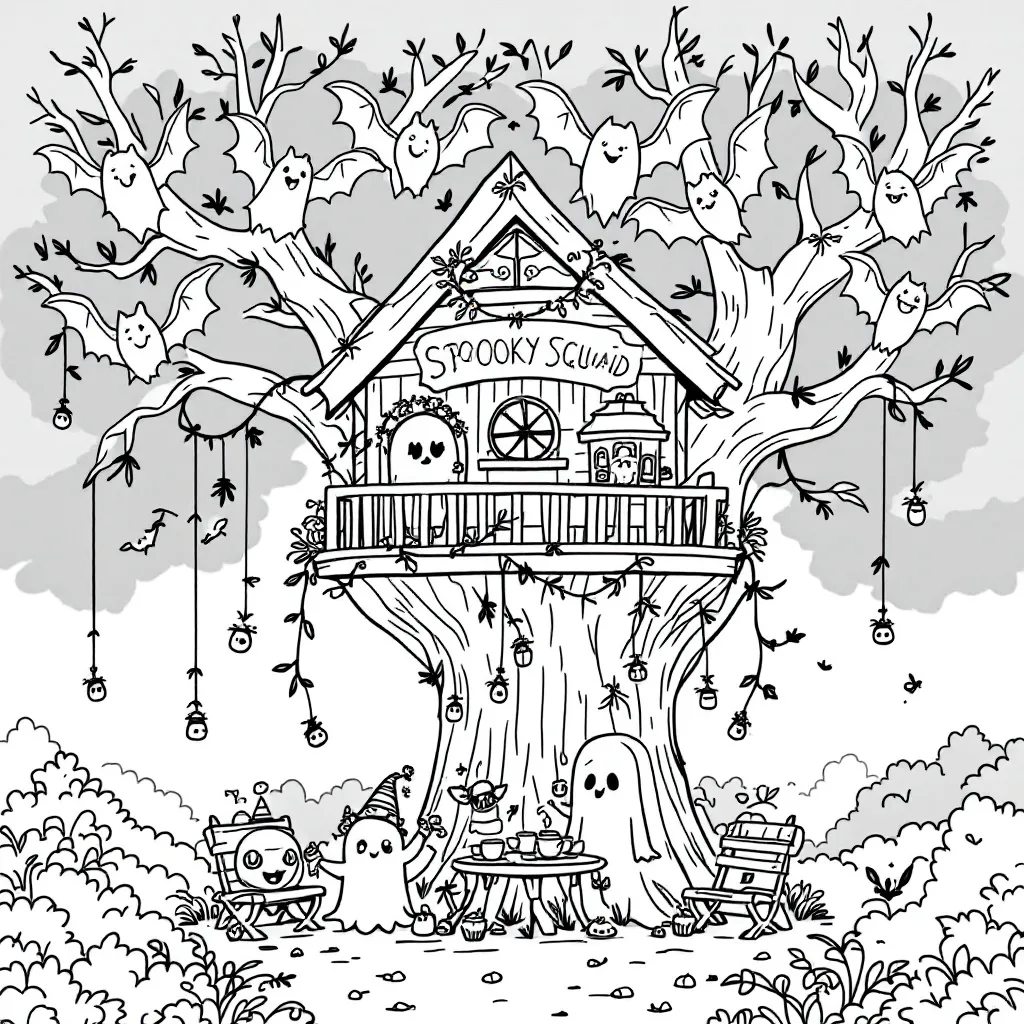 Create a Halloween treehouse coloring page with bold outlines showing a cozy spooky clubhouse decorated with jack-o'-lanterns, friendly bats hanging from branches, ghost children having a tea party, and candy corn growing on vines, child-friendly design with clear spaces for coloring